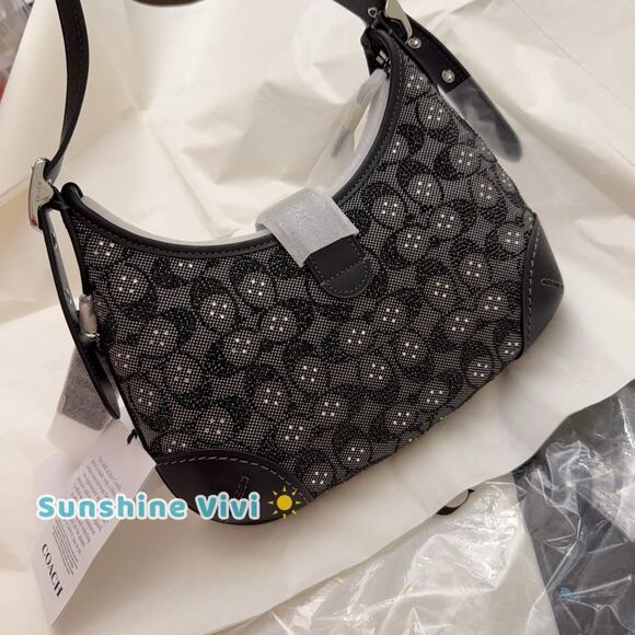 NWT Coach Hamptons Hobo Bag In Crystal Signature Jacquard CW654 Black Silver - Picture 3 of 10